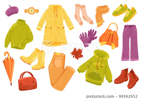 Autumn clothing cute stickers isolated set. Collection of sweater, raincoat, socks, scarf, gloves, pants, umbrella. Warm clothes for walking outdoors. Vector illustration in flat cartoon design Autumn clothing cute stickers isolated set. Collection of sweater, raincoat, socks, scarf, gloves, pants, umbrella. Warm clothes for walking outdoors. Vector illustration in flat cartoon design 99562652