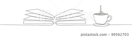 Book with cup of coffee continuous one line art drawing. 99562703