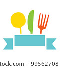 Fork, spoon and knife with ribbon. 99562708