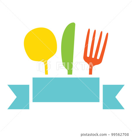 Fork, spoon and knife with ribbon. 99562708