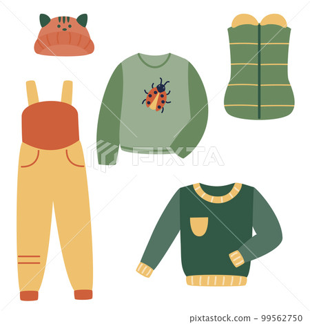 A set of warm clothes - a vest, a hat, sweaters, a kombenizon. Vector illustration of stylized things in cartoon style. Isolated on a white background. 99562750