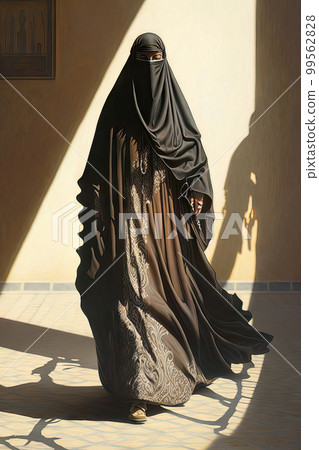 AI generated illustration of muslim arabic, emirates or egyptian woman with covered face with hijab AI generated illustration of muslim arabic, emirates or egyptian woman with covered face with hijab 99562828