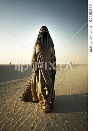 AI generated illustration of muslim arabic, emirates or egyptian woman with covered face with hijab AI generated illustration of muslim arabic, emirates or egyptian woman with covered face with hijab 99562830