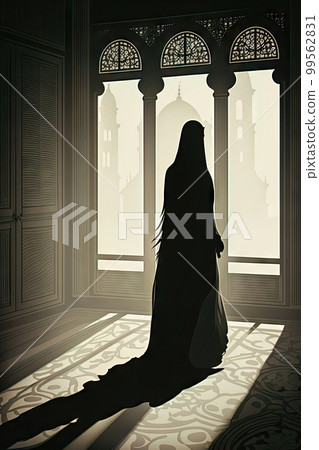 AI generated illustration of muslim arabic, emirates or egyptian woman with covered face with hijab AI generated illustration of muslim arabic, emirates or egyptian woman with covered face with hijab 99562831