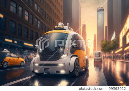 Small yellow robot taxi rides along big city street. Artificial intelligence controls the car. Generative AI illustration Small yellow robot taxi rides along big city street. Artificial intelligence controls the car. Generative AI illustration 99562922