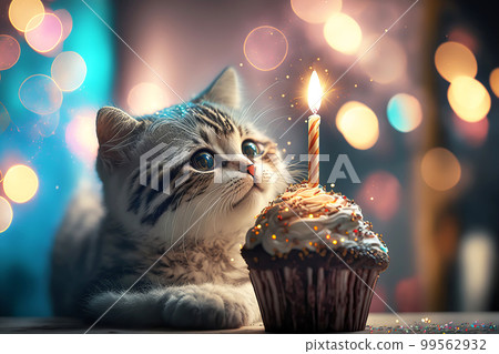 Cute little kitten with birthday cupcake on festive bokeh background. Generative AI illustration Cute little kitten with birthday cupcake on festive bokeh background. Generative AI illustration 99562932