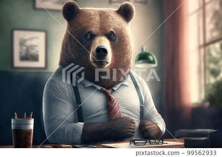 Bear in a business suit in the office. Psychological type of office employee or boss concept. Generative AI illustration Bear in a business suit in the office. Psychological type of office employee or boss concept. Generative AI illustration 99562933