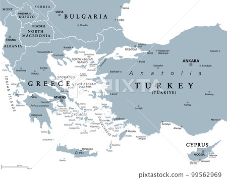 Aegean Sea region, with Aegean Islands, gray political map. An elongated embayment of the Mediterranean Sea, located between Europe and Asia, between the Balkans and Anatolia, and Greece and Turkey. 99562969