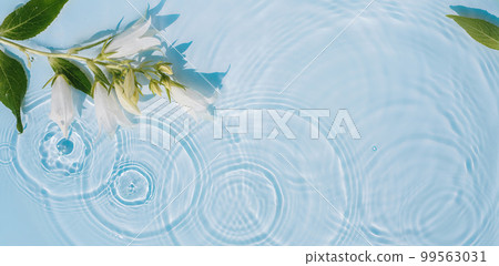 Transparent background texture of water with drops, ripples and flowers 99563031