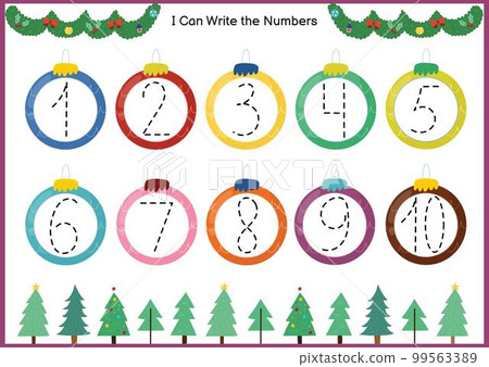 Christmas numbers tracing game for kids. Learn to write numbers activity page Christmas numbers tracing game for kids. Learn to write numbers activity page 99563389