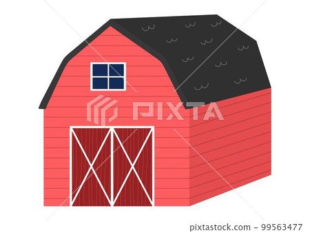Red barn on the farm print in cartoon style. Wooden stable isolated element 99563477