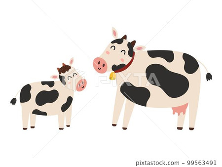 Mother cow with her baby calf. Cute farm animal characters mom and her child 99563491