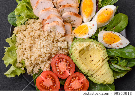 Delicious healthy lunch consisting of chicken, avocado, quinoa, eggs and tomatoes Delicious healthy lunch consisting of chicken, avocado, quinoa, eggs and tomatoes 99563918