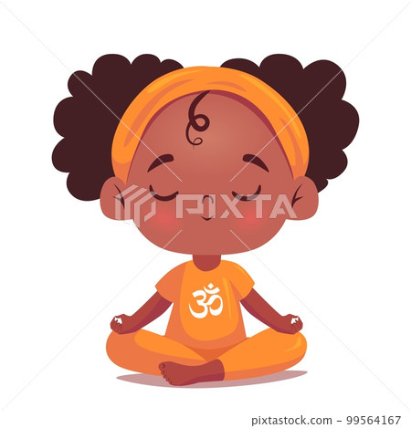 Cute african american chibi girl doing yoga, isolated on white background. Cartoon flat style. Vector illustration 99564167
