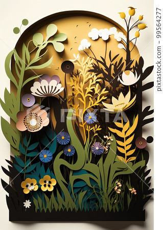 Paper cut spring floral background with blooming flowers. Creative spring design for cards Paper cut spring floral background with blooming flowers. Creative spring design for cards 99564277
