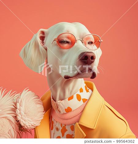 Cool fashion dog in stylish shirt and jacket. Orange monochrome portrait. Pop art modern style and lifestyle concept. Contemporary art, creative idea. Generative AI 99564302