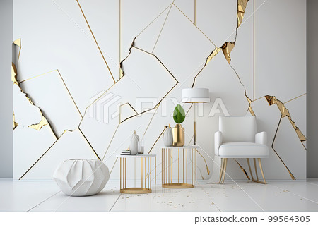 White and gold kintsugi style interior wall in traditional Japanese art of broken pottery with cracked lines. AI White and gold kintsugi style interior wall in traditional Japanese art of broken pottery with cracked lines. AI 99564305
