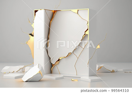White and gold kintsugi style product display in traditional Japanese art of broken pottery with cracked lines. AI White and gold kintsugi style product display in traditional Japanese art of broken pottery with cracked lines. AI 99564310