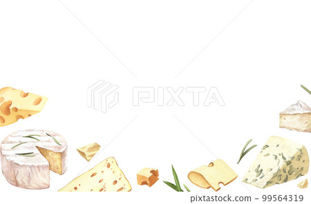 Watercolor different cheese frame template. Hand draw card background with food objects on isolated white. Drink for food menu, cafe, wine list, label, banner, flyer, brochure Watercolor different cheese frame template. Hand draw card background with food objects on isolated white. Drink for food menu, cafe, wine list, label, banner, flyer, brochure 99564319