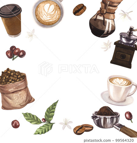 Watercolor frame of coffee elements collection. Hand-drawn illustration isolated on white background. Perfect concept for cafe, for cooking, restaurant banner, menu, flyer, brochure template. Watercolor frame of coffee elements collection. Hand-drawn illustration isolated on white background. Perfect concept for cafe, for cooking, restaurant banner, menu, flyer, brochure template. 99564320