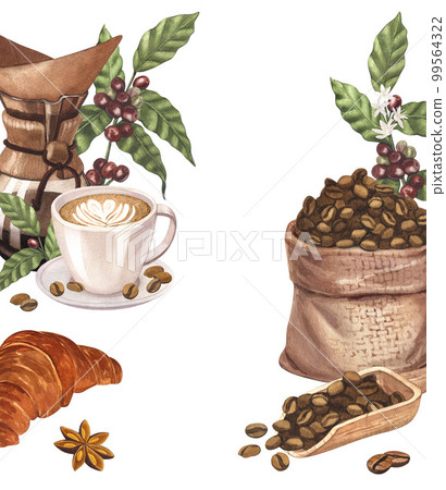 Watercolor frame of coffee elements collection. Hand-drawn illustration isolated on white background. Perfect concept for cafe, for cooking, restaurant banner, menu, flyer, brochure template. Watercolor frame of coffee elements collection. Hand-drawn illustration isolated on white background. Perfect concept for cafe, for cooking, restaurant banner, menu, flyer, brochure template. 99564322