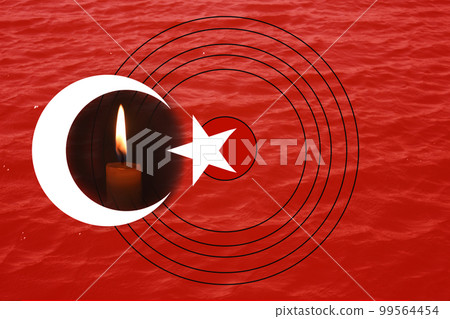 Turkey Earthquake, February 6, 2023. Mournful banner. The Epicenter of the earthquake in Turkey. Pray for Turkey. A background of the Turkish flag. Border. Target and candle 99564454
