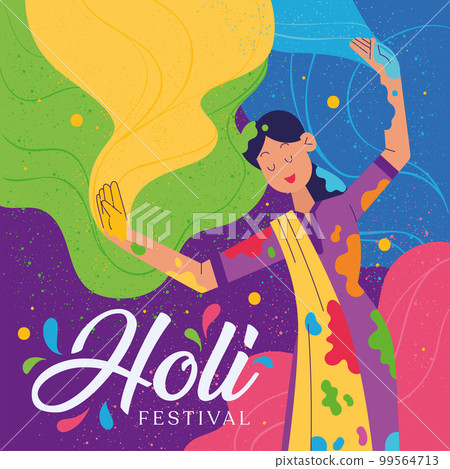 Happy girl character with paint and powder Holi festival poster Vector Happy girl character with paint and powder Holi festival poster Vector 99564713