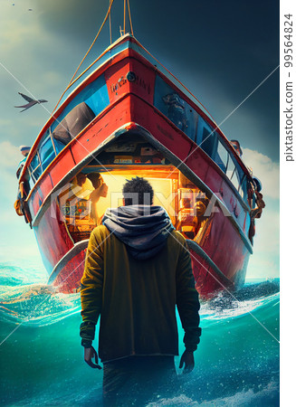 Small boat full of immigrants in stormy Mediterranean Sea. Small boat full of immigrants in stormy Mediterranean Sea. 99564824