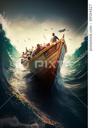 Small boat full of immigrants in stormy Mediterranean Sea. 99564827