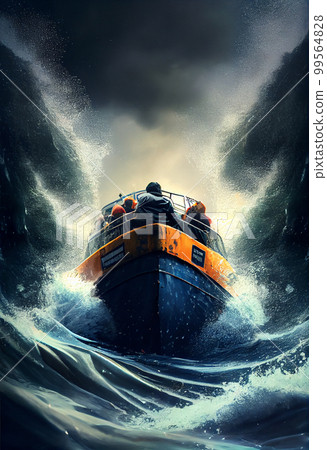Small boat full of immigrants in stormy Mediterranean Sea. Small boat full of immigrants in stormy Mediterranean Sea. 99564828
