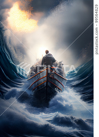 Small boat full of immigrants in stormy Mediterranean Sea. 99564829