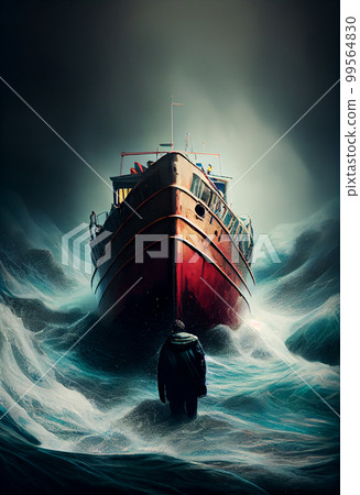 Small boat full of immigrants in stormy Mediterranean Sea. Small boat full of immigrants in stormy Mediterranean Sea. 99564830