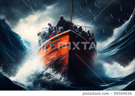 Small boat full of immigrants in stormy Mediterranean Sea. Small boat full of immigrants in stormy Mediterranean Sea. 99564836