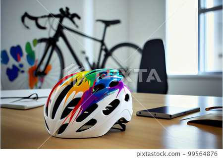 Bicycle helmet on table in office. 99564876