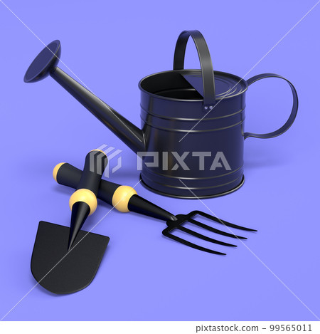 Watering can with garden tools like shovel, rake and fork on violet background. Watering can with garden tools like shovel, rake and fork on violet background. 99565011