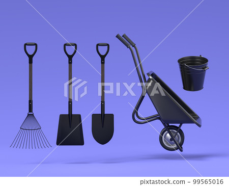 Garden wheelbarrow with garden tools like shovel, rake and fork on violet Garden wheelbarrow with garden tools like shovel, rake and fork on violet 99565016