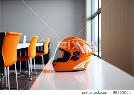 Orange with white and pastel orange stripes motorcycle helmet with opened visor Orange with white and pastel orange stripes motorcycle helmet with opened visor 99565063