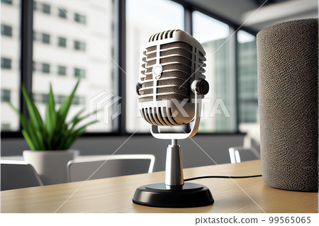 Microphone on wooden table, in modern office Microphone on wooden table, in modern office 99565065