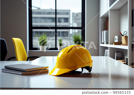 Yellow work helmet on table. Protective accessories for construction workers. Yellow work helmet on table. Protective accessories for construction workers. 99565135