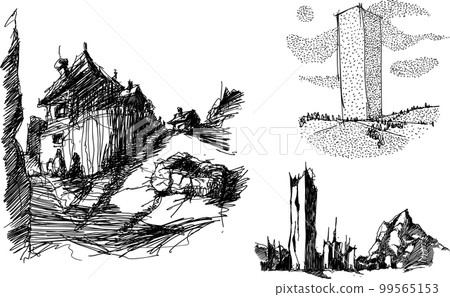 three hand drawn architectectural sketches of strange fantastic architecture and buildings and towers three hand drawn architectectural sketches of strange fantastic architecture and buildings and towers 99565153