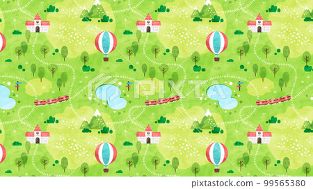 Pattern background of a train running in a fresh green meadow Seamless watercolor landscape illustration 99565380
