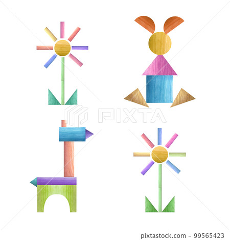 Set of watercolor tangram geometric puzzles isolated on white background. Eco-friendly materials baby toys. Print, poster, decor, wallpaper, wrapping. Set of watercolor tangram geometric puzzles isolated on white background. Eco-friendly materials baby toys. Print, poster, decor, wallpaper, wrapping. 99565423