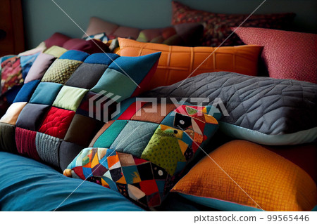 Interior of a living room with a sofa covered with patchwork pillows Interior of a living room with a sofa covered with patchwork pillows 99565446