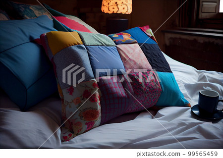 Interior of a living room with a sofa covered with patchwork pillows 99565459