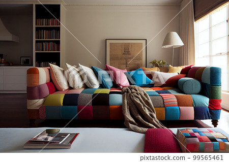 Interior of a living room with a sofa covered with patchwork pillows 99565461