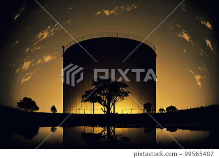 silhouettes of structures, pipes, oil storage tanks, pipelines of a petrochemical plant in the backlight of the sun at sunset and a sun disk. 99565487