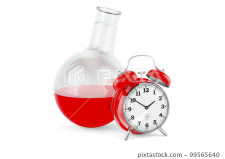 Chemical flask with green liquid with alarm clock, 3D rendering Chemical flask with green liquid with alarm clock, 3D rendering 99565640