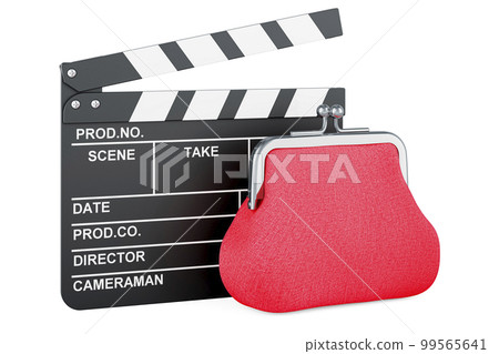 Clapperboard with purse coin, 3D rendering Clapperboard with purse coin, 3D rendering 99565641