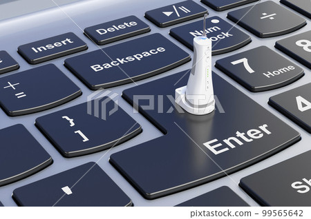 Dental oral irrigator on laptop keyboard, 3D rendering Dental oral irrigator on laptop keyboard, 3D rendering 99565642