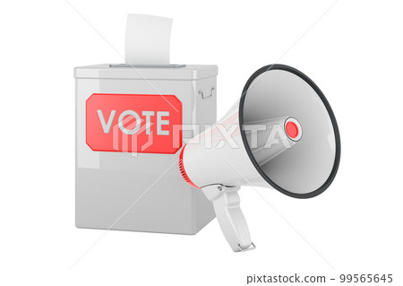 Megaphone with ballot box, 3D rendering Megaphone with ballot box, 3D rendering 99565645